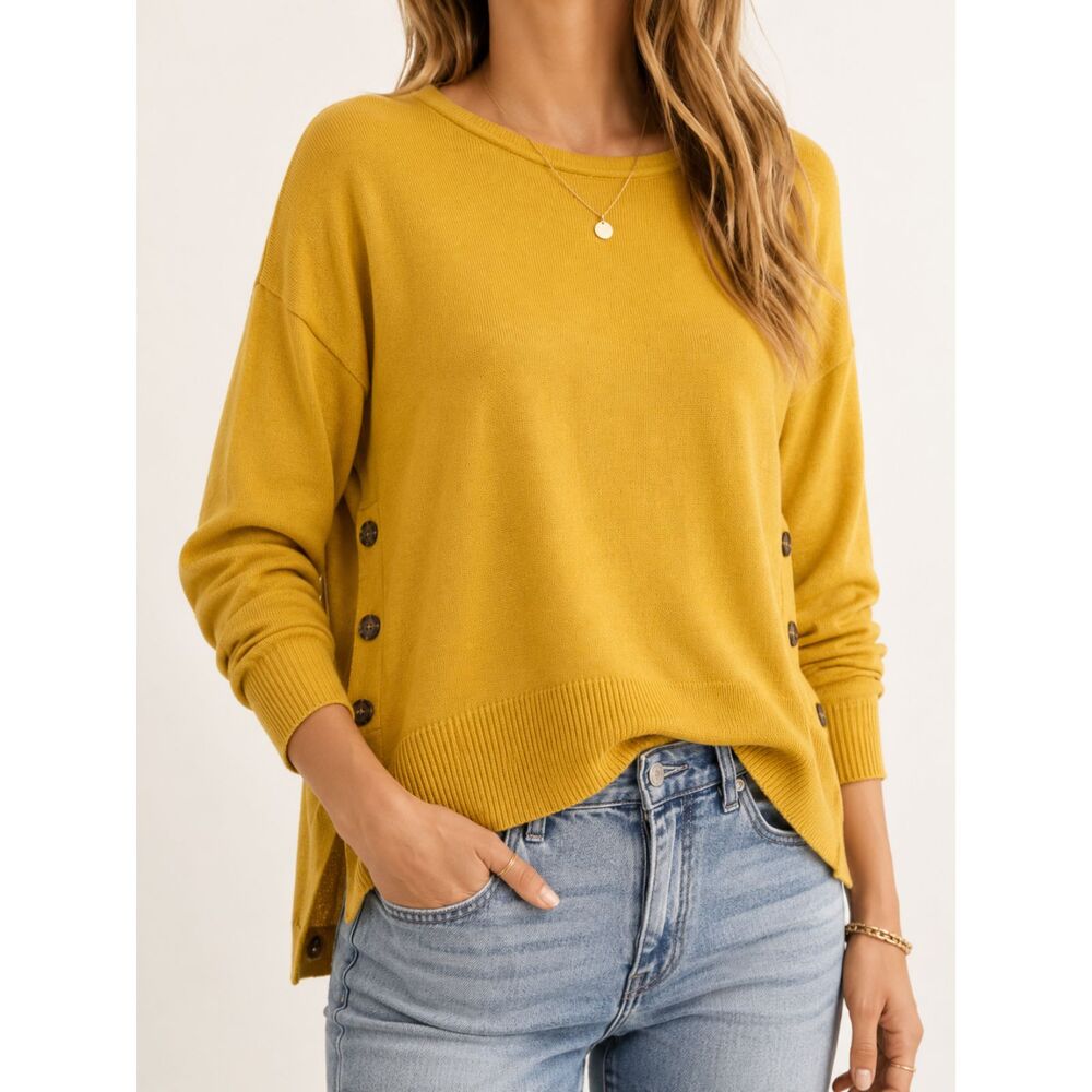 Tahari‎ Mustard Yellow Button Side Sweater Women's Large Lightweight Knit Top